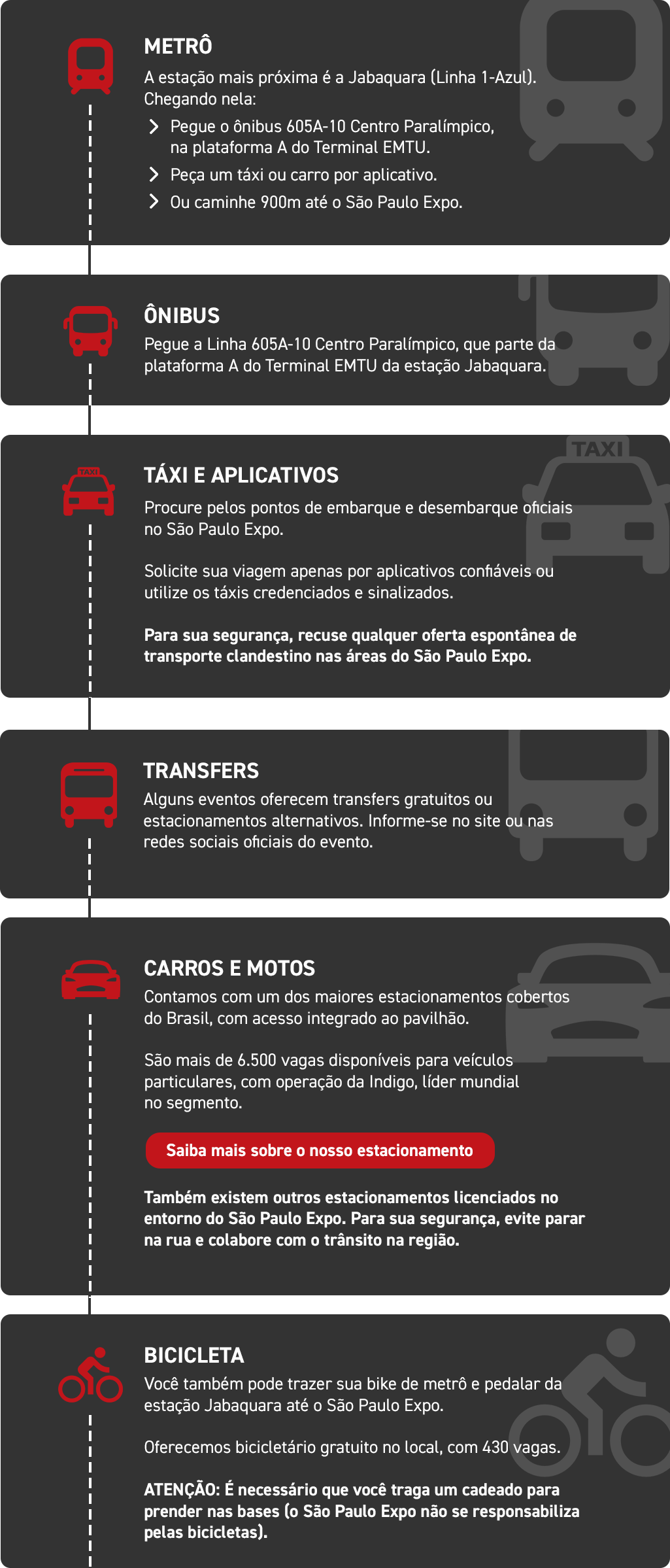 METRÔ A estação mais próxima é a Jabaquara (Linha 1 – Azul). Chegando nela: > Peque o ônibus 605ª-10 Centro Paralímpico, na plataforma A do Terminal EMTU. > Peça um táxi ou carro por aplicativo. > Ou caminhe 900m até o São Paulo Expo. ÔNIBUS Pegue a Linha 605A -10 Centro Paralímpico, que parte da plataforma A do Terminal EMTU da estação Jabaquara. TÁXI E APLICATIVOS Procure pelos pontos de embarque e desembarque oficiais no São Paulo Expo. Solicite sua viagem apenas por aplicativos confiáveis ou utilize os táxis credenciados e sinalizados. Para sua segurança, recuse qualquer oferta espontânea de transporte clandestino nas áreas do São Paulo Expo. TRANSFERS Alguns eventos oferecem transfers gratuitos ou estacionamentos alternativos. Informe-se no site ou nas redes sociais oficiais do evento. CARROS E MOTOS Contamos com um dos maiores estacionamentos cobertos do Brasil, com acesso integrado ao pavilhão. São mais de 6.500 vagas disponíveis para veículos particulares, com operações da Indigo, líder mundial no segmento. Saiba mais sobre o nosso estacionamento Também existem outros estabelecimentos licenciados no entorno do São Paulo Expo. Para sua segurança, evite parar na rua e colabore com trânsito a região. BICICLETA Você também pode trazer sua bike de metrô e pedalar da estação Jabaquara até o São Paulo Expo. Oferecemos bicicletário gratuito no local, com 430 vagas. ATENÇÃO: É necessário que você traga um cadeado para prender nas bases (o São Paulo Expo não se responsabiliza pelas bicicletas).